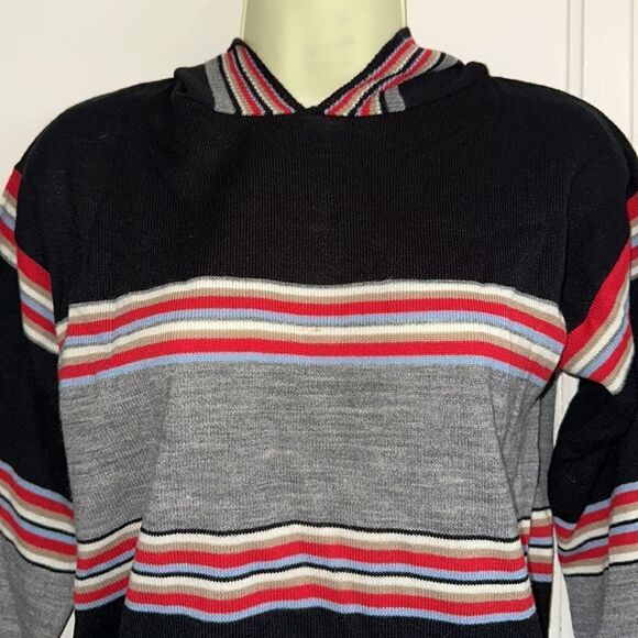 Vintage 70s Kmart striped black, red, gray & tan cream acrylic sweater with hood - Picture 2 of 9